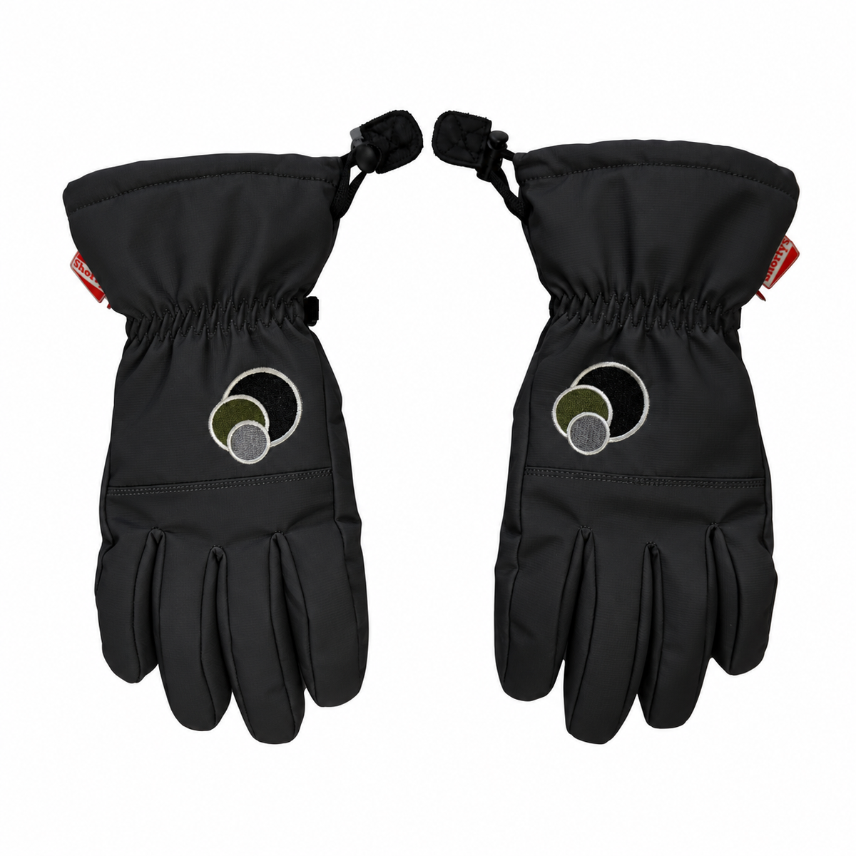 Black colour render of Shorty’s Snowboards x Salmon Arms gloves, shown as a pair with embroidered three-ball logos.