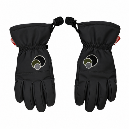 Black colour render of Shorty’s Snowboards x Salmon Arms gloves, shown as a pair with embroidered three-ball logos.
