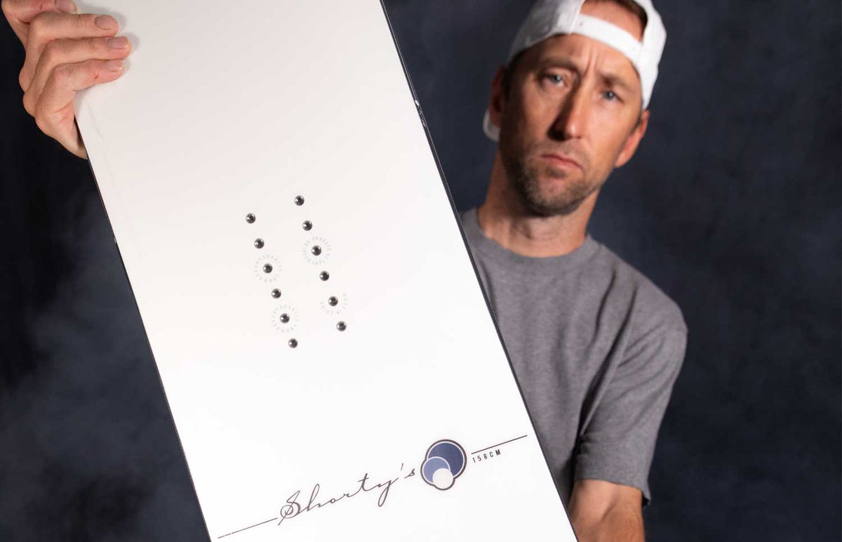 Devun Walsh with the Shorty’s snowboard